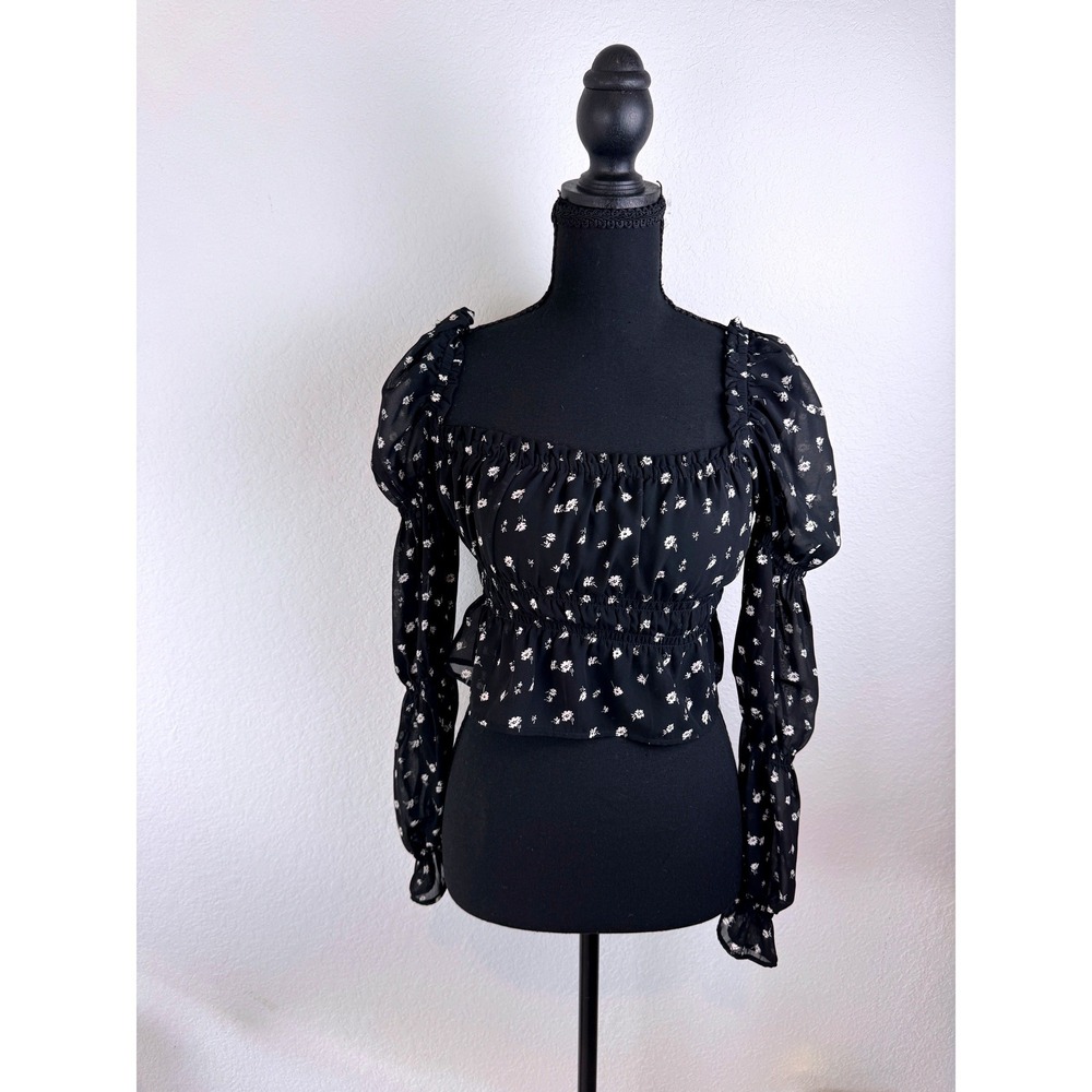 H&M‎ Divided Floral Peasant Crop Top XS Cottagecore Coquette Fairy Boho Black